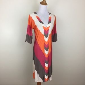BCBGMAXAZRIA Multi Color Print Womens sz S V Neck Sleeve Tabs Stretchy Dress